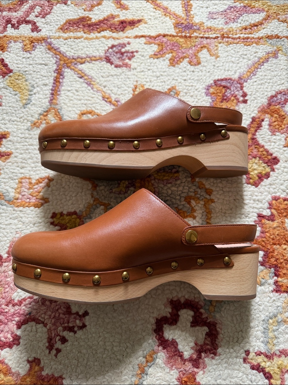 J. Crew Brown Tan Leather Studded Wooden Clogs - Picture 4 of 6